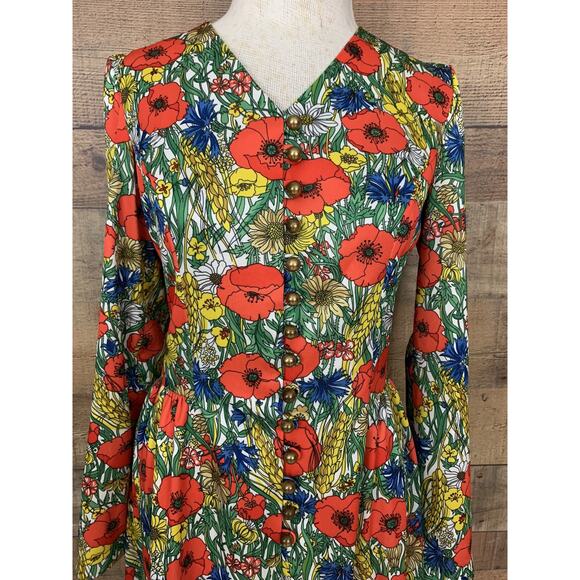 Vintage 1960’s Mod Floral Poppy Button Front Dress Size Small Hippie - Picture 3 of 13